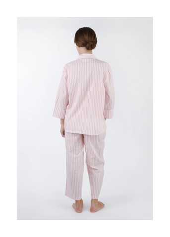 Classic Striped Cotton Long Sleeve Capri Pajama Set in Pink + White