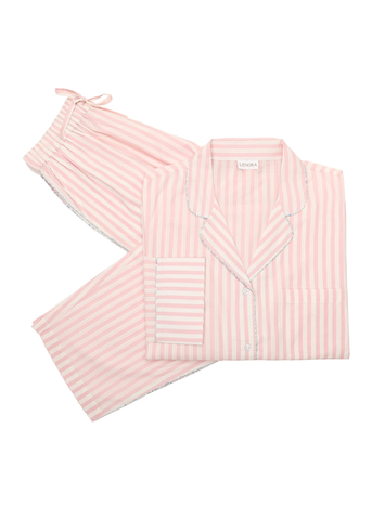 Classic Striped Cotton Long Sleeve Capri Pajama Set in Pink + White