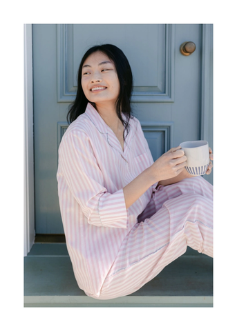 Classic Striped Cotton Long Sleeve Capri Pajama Set in Pink + White