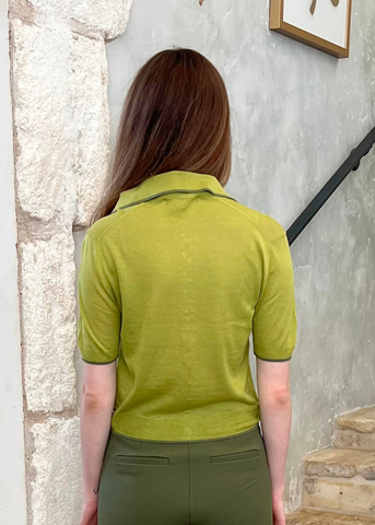 Dorella Featherweight Silk Blend Short Sleeve Button Front Knit Sweater in Green Olive