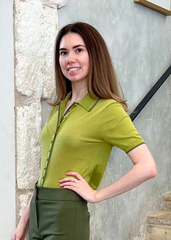 Dorella Featherweight Silk Blend Short Sleeve Button Front Knit Sweater in Green Olive