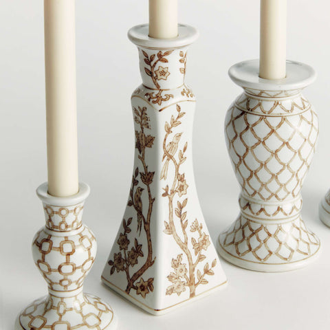 Assorted Chinoiserie Ceramic Candle Holders In Brown + White
