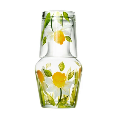 Hand Painted Daffodil Glass Carafe + Tumbler Set