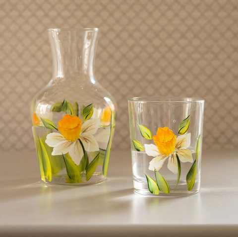 Hand Painted Daffodil Glass Carafe + Tumbler Set