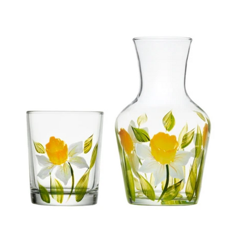 Hand Painted Daffodil Glass Carafe + Tumbler Set