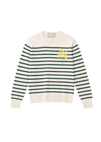 Daisy Graphic Long Sleeve Striped Crewneck Sweater in Hunter Green