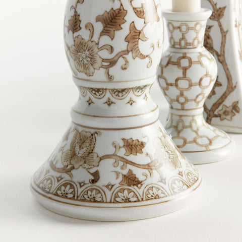 Assorted Chinoiserie Ceramic Candle Holders In Brown + White