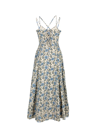 Adair Floral Print Cotton Double Strap Sleeveless Midi Dress in Bluebell