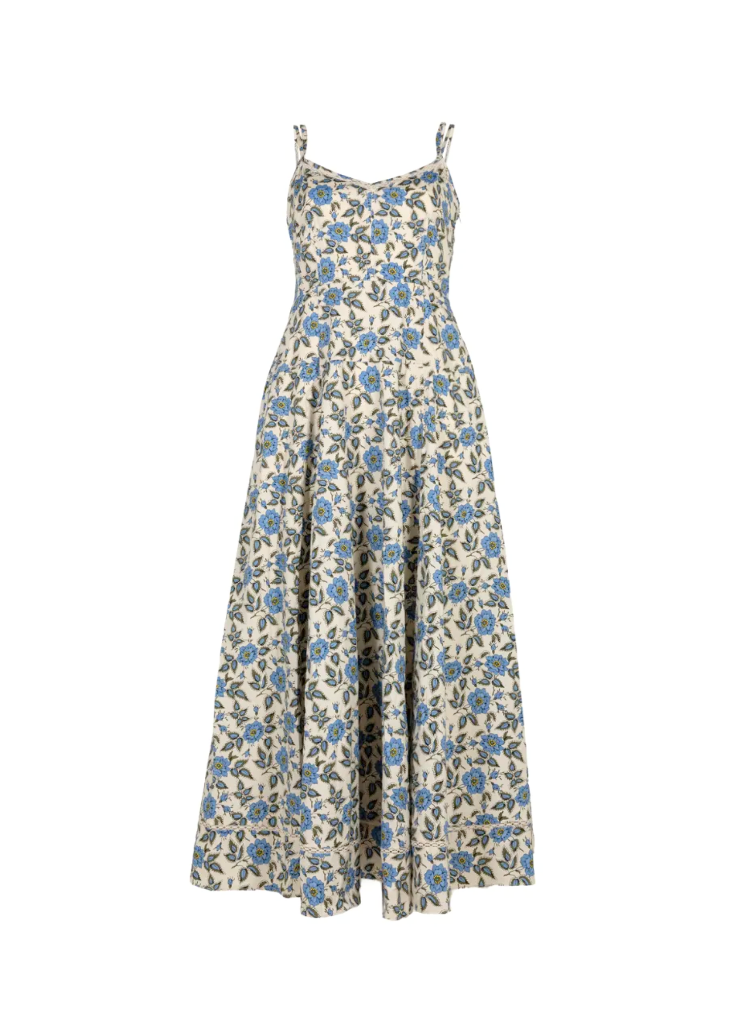 Adair Floral Print Cotton Double Strap Sleeveless Midi Dress in Bluebell