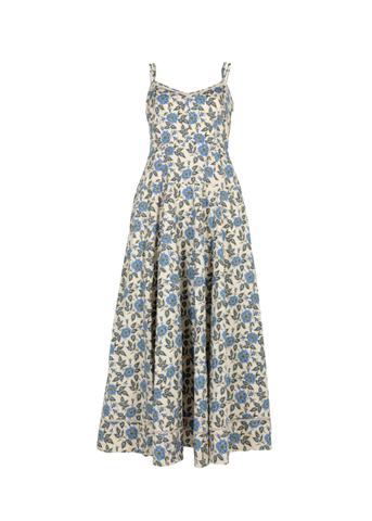 Adair Floral Print Cotton Double Strap Sleeveless Midi Dress in Bluebell