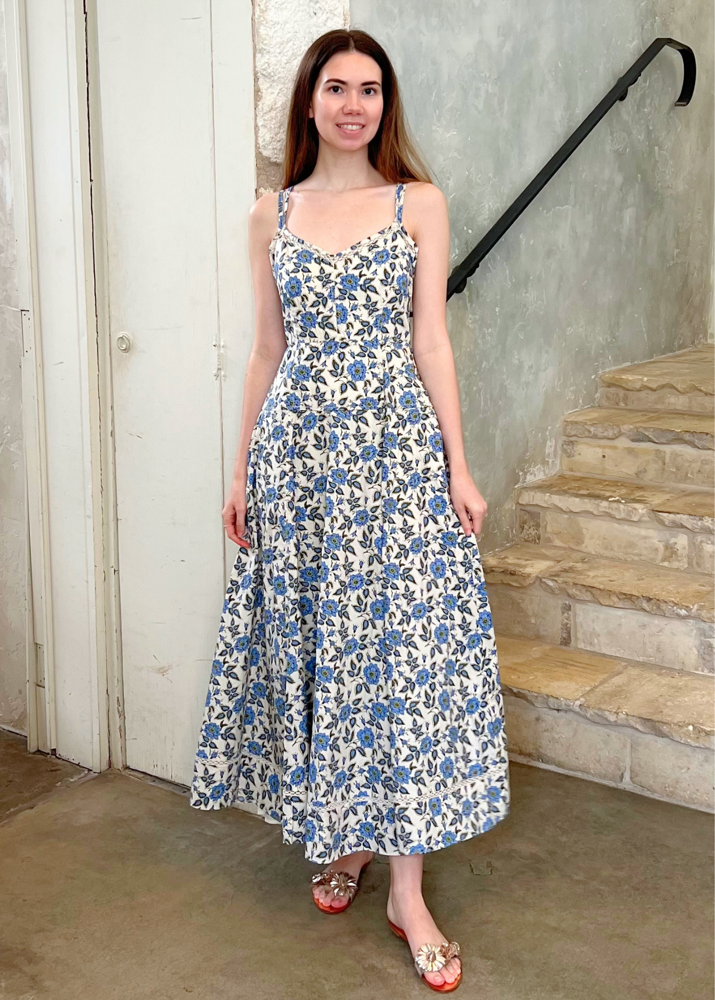 Adair Floral Print Cotton Double Strap Sleeveless Midi Dress in Bluebell