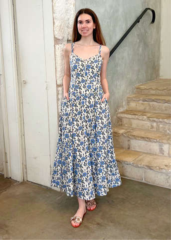 Adair Floral Print Cotton Double Strap Sleeveless Midi Dress in Bluebell