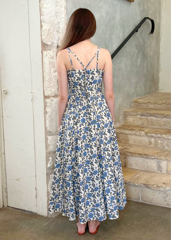 Adair Floral Print Cotton Double Strap Sleeveless Midi Dress in Bluebell