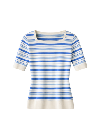 Andora Stripe Boatneck Half Sleeve Knit Top in Cloud Blue