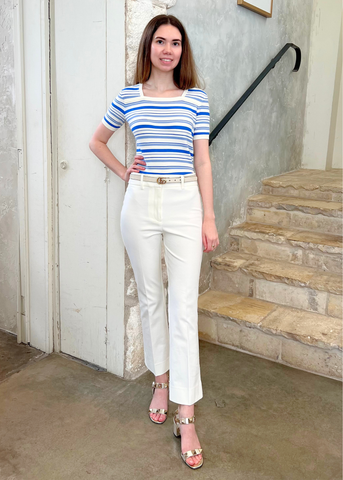Andora Stripe Boatneck Half Sleeve Knit Top in Cloud Blue