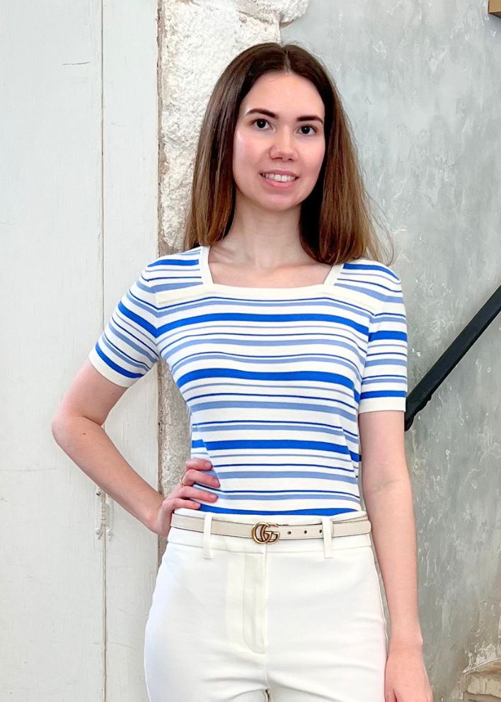 Andora Stripe Boatneck Half Sleeve Knit Top in Cloud Blue