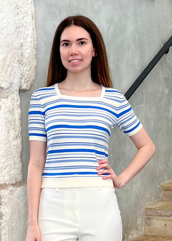Andora Stripe Boatneck Half Sleeve Knit Top in Cloud Blue
