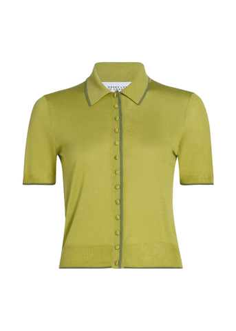 Dorella Featherweight Silk Blend Short Sleeve Button Front Knit Sweater in Green Olive