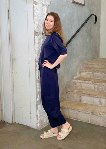 Prisilla Puff Sleeve Double Jersey Top in Dark Navy