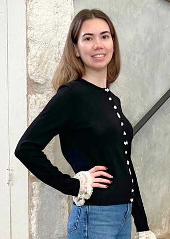 Diane Lace Trimmed Knit Cardigan in Black