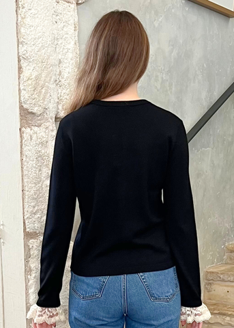 Diane Lace Trimmed Knit Cardigan in Black