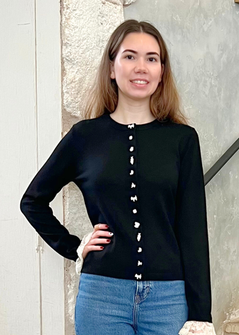 Diane Lace Trimmed Knit Cardigan in Black