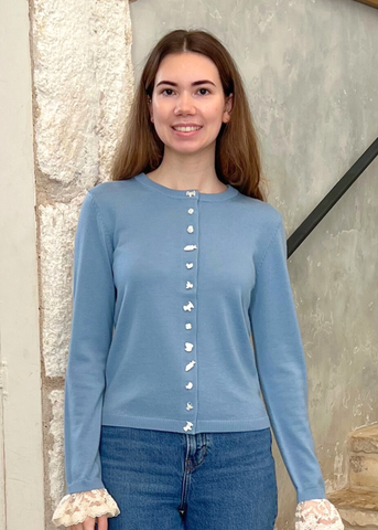 Diane Lace Trimmed Knit Cardigan in Blue