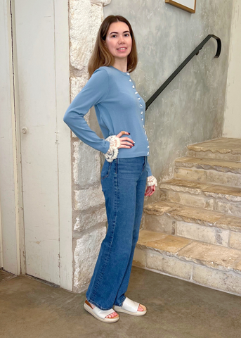 Diane Lace Trimmed Knit Cardigan in Blue