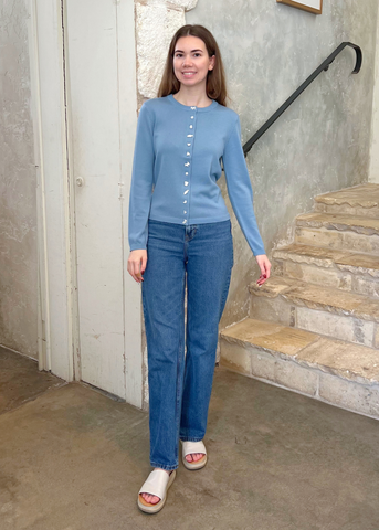 Diane Lace Trimmed Knit Cardigan in Blue