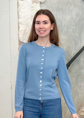 Diane Lace Trimmed Knit Cardigan in Blue