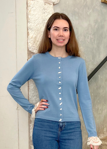 Diane Lace Trimmed Knit Cardigan in Blue