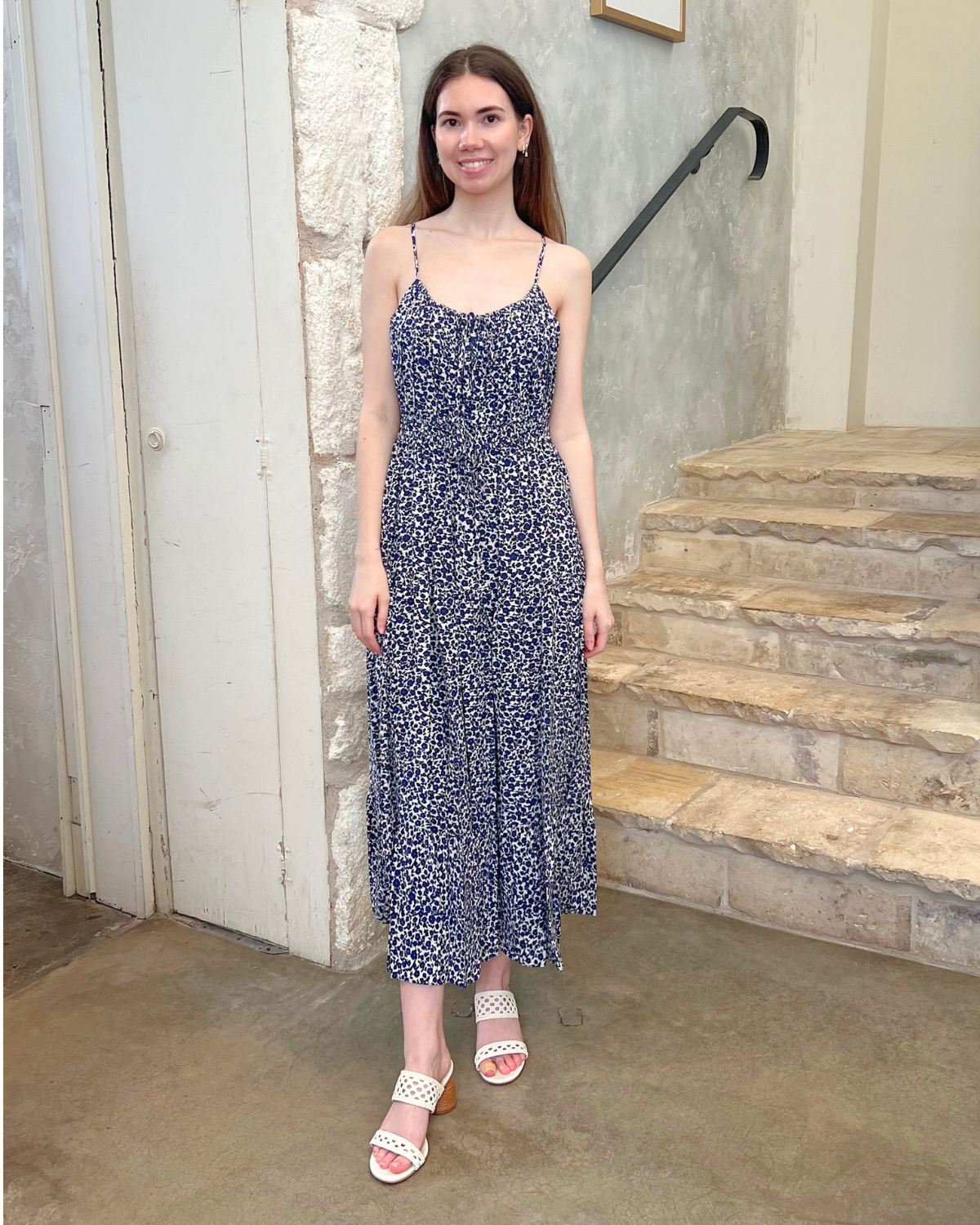Abigail Smocked Waist Maxi Dress In Marsh + Navy
