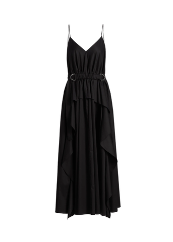 Hattie Spaghetti Strap Peplum Ruffle Midi Dress In Black