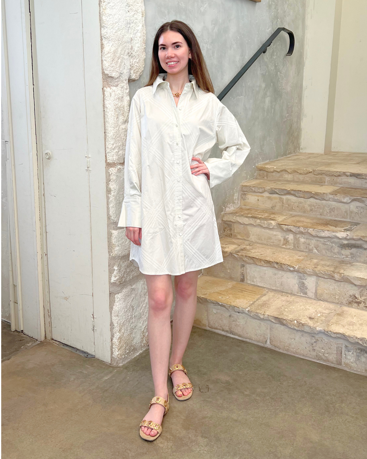 Piper Embroidered Cotton Twill Shirt Dress In Bone