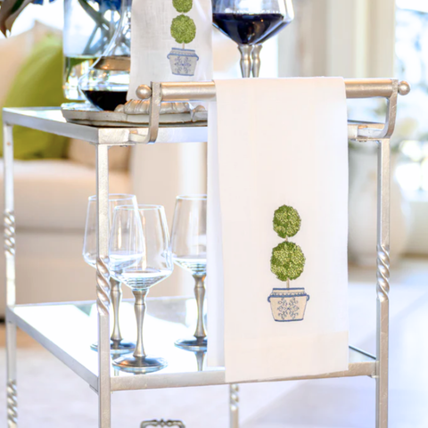 Double Boxwood Embroidered Linen Tea Towel