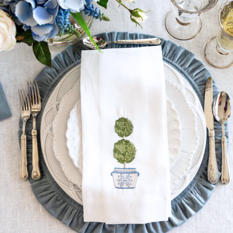 Double Boxwood Embroidered Linen Tea Towel