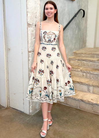 Lima Spaghetti Strap Hand Embroidered Tiered Midi Dress in Florero | European dcor for the modern household Lima Spaghetti Strap Hand Embroidered Tiered Midi Dress in Florero | European dcor for the modern household
