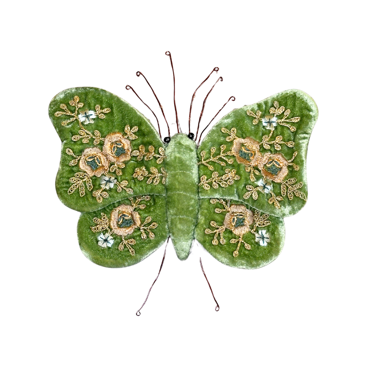 Miranda Gold Embroidered Silk Velvet Butterfly in Emerald