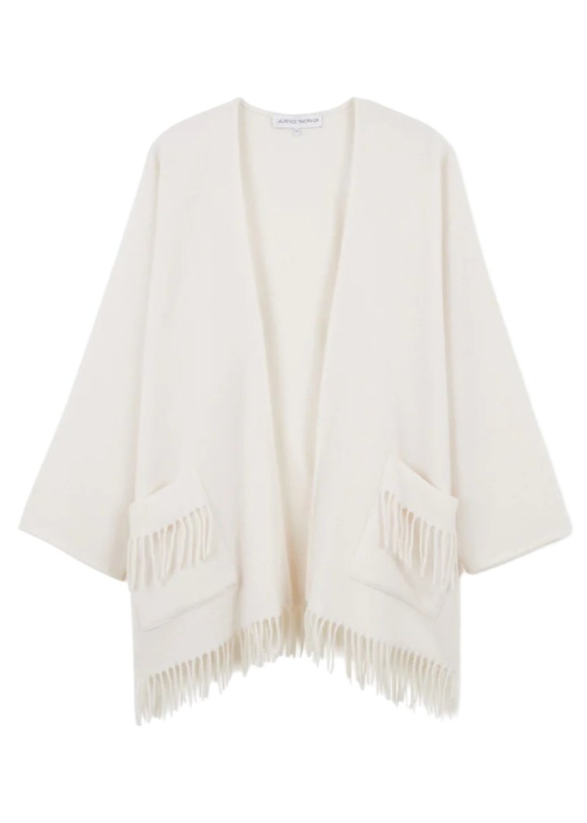 Eponyme Long Sleeve Wool Blend Fringed Poncho in Ecru