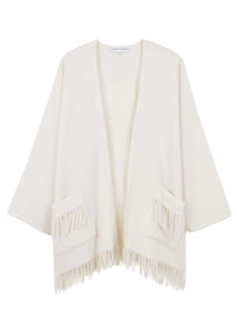 Eponyme Long Sleeve Wool Blend Fringed Poncho in Ecru