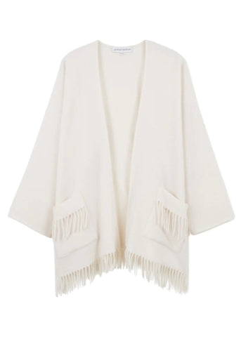 Eponyme Long Sleeve Wool Blend Fringed Poncho in Ecru