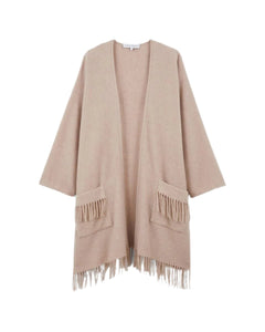 Eponyme Long Sleeve Wool Blend Fringed Poncho in Orge Chine