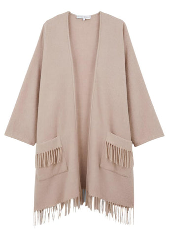 Eponyme Long Sleeve Wool Blend Fringed Poncho in Orge Chine