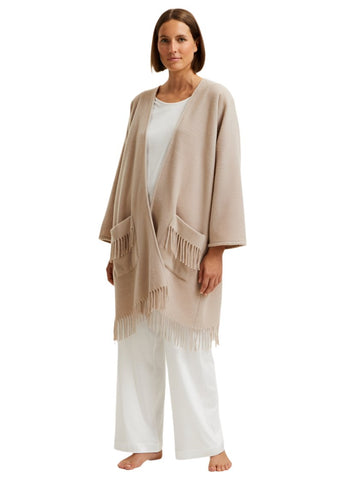 Eponyme Long Sleeve Wool Blend Fringed Poncho in Orge Chine