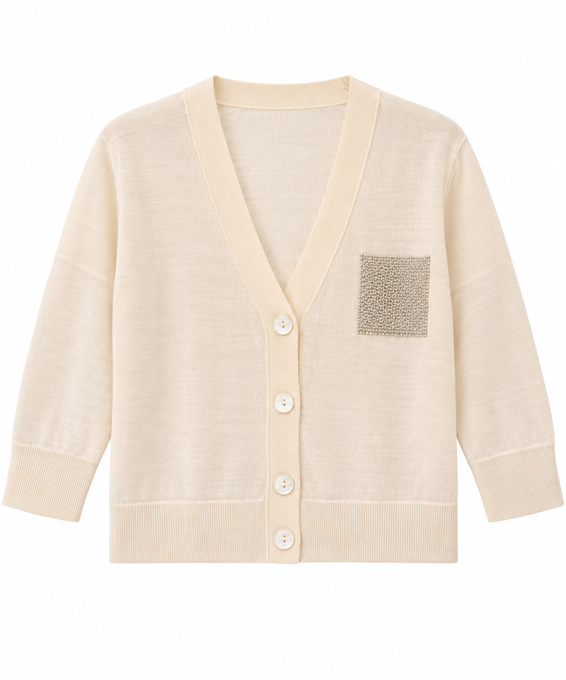 3/4 Length Sleeve Cotton Blend Cardigan with Chain-Accented Pocket in Quartz Sand