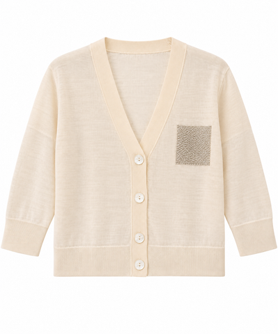 3/4 Length Sleeve Cotton Blend Cardigan with Chain-Accented Pocket in Quartz Sand