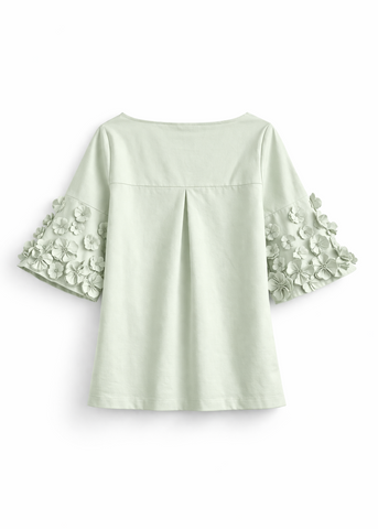 3/4 Length Sleeve Cotton Top with Applique Flowers in Menta