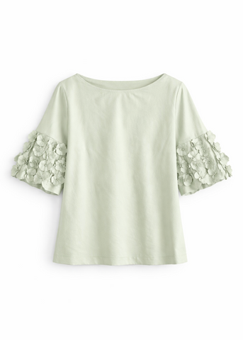 3/4 Length Sleeve Cotton Top with Applique Flowers in Menta