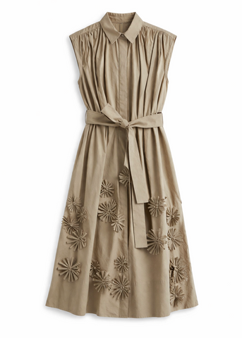 Sleeveless Belted Cotton Midi Dress with Floral Applique in Corda