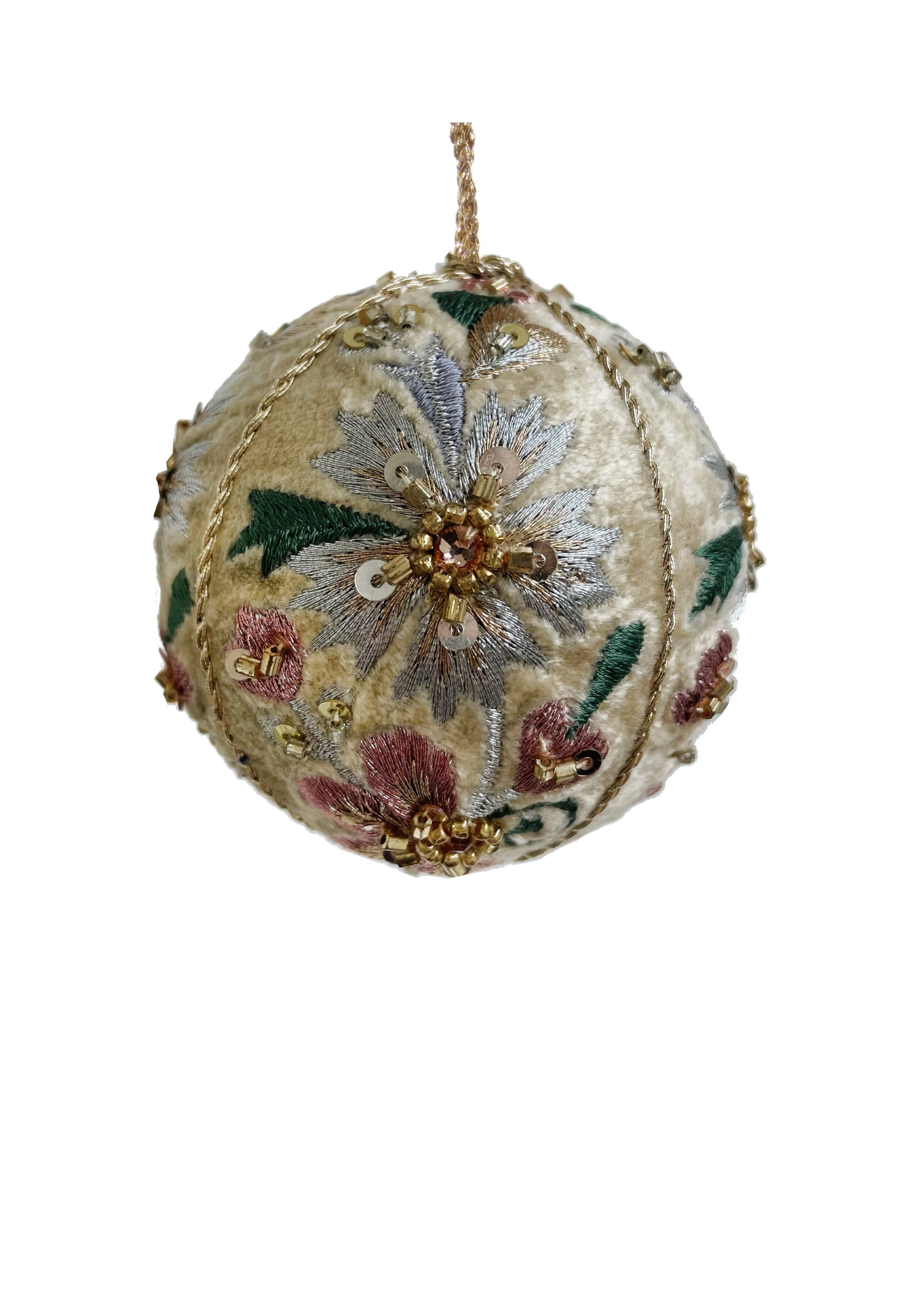 Medium Crochet Flowered Velvet Ball Ornament in Cream